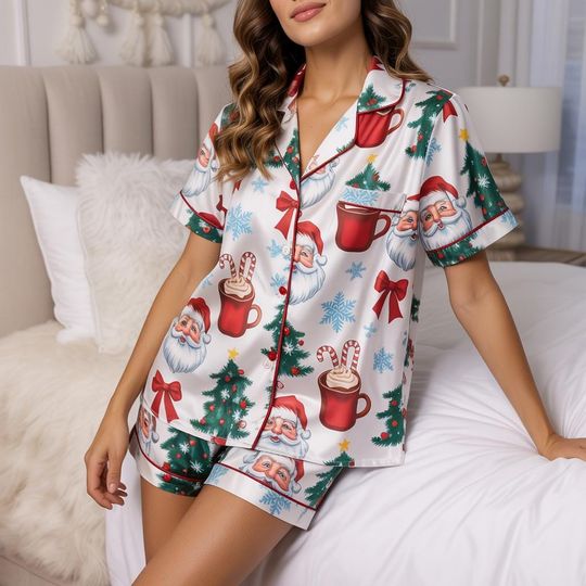 Discover Coquette Bow Santa and Christmas Tree Pajamas Set, Christmas Tree Sleepwear