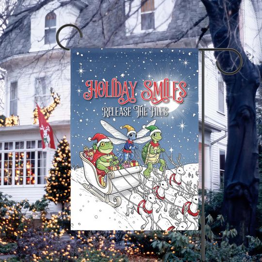 Frog, Dragonfly, Turtle Anti Trump Christmas Flag, Holiday Smiles Epstein Files Garden Flag, FDT House Banner, Resistance Holiday Decor