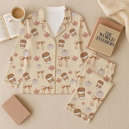 Fall Pumpkin Coffee Pajama Set, Autumn Leaves Cozy Loungewear