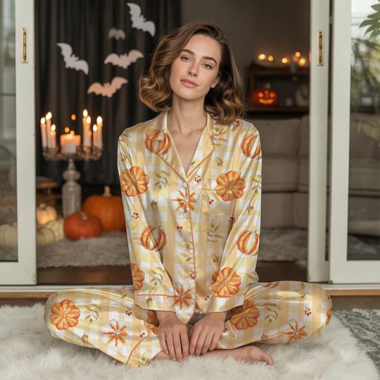 Discover Cute Pumpkin Satin Pajama Set  Cozy Fall Sleepwear with Gingham Pattern
