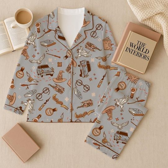 Discover Magical Wizard Themed Pajama Set, Satin Sleepwear with Books