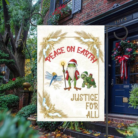 Anti Trump Christmas Flag, Peace on Earth Holiday Garden Flag, Justice For All House Banner, Subtle F Trump Frog Dragonfly Turtle FDT