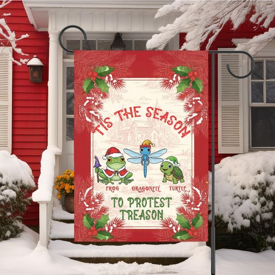 Funny Anti Trump Christmas Garden Flag, House Banner, Protest Treason, Frog Dragonfly Turtle, FDT, Holiday Decoration, Subtle F Trump