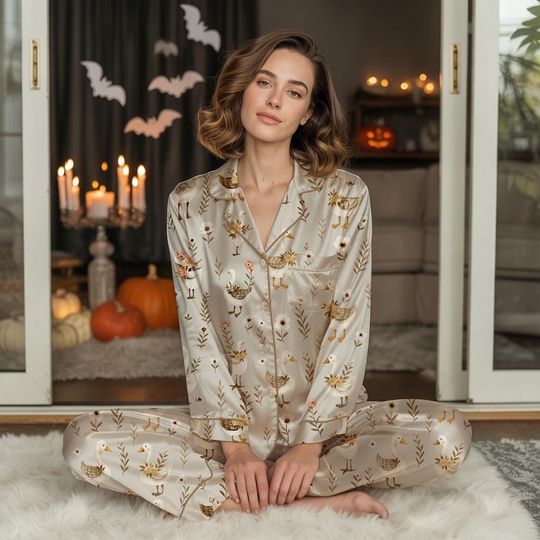 Pajama Set for Women with Cute Duck and Floral Print