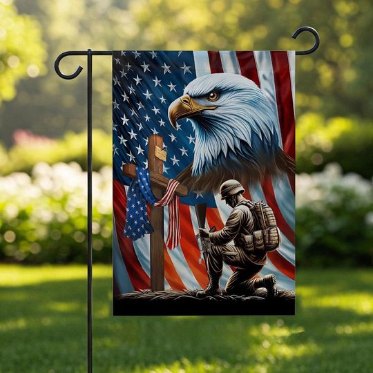 Discover Veteran Kneeling Soldier Christ Cross Memorial Day American Flag, Patriotic Eagle Garden Flag, Memorial Day Flag, Christian Patriotic Flag