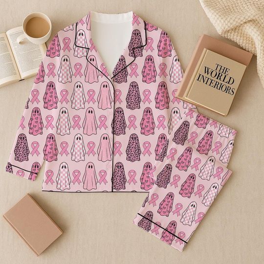 Discover Pink Breast Cancer Pajamas Set, In October We Wear Pink Ghost Silky Sleepwear