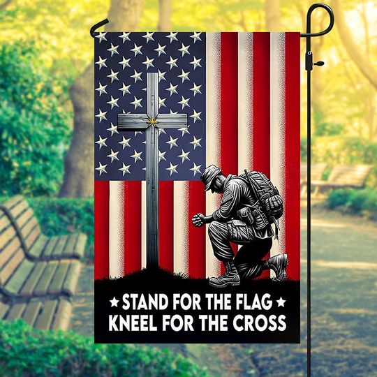 Memorial Day Veteran Kneeling Christ Cross American Flag, Indoor Outdoor Flag, in House Garden, Entry Flag