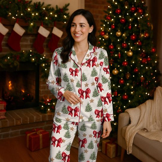 Discover Silky Christmas Pajamas Set for Women with Festive Tree, Bow and Holly Pajama Set