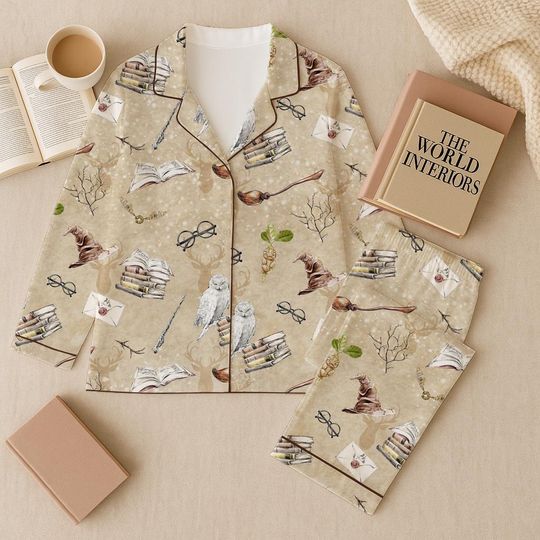 Halloween Wizard Theme Pajama Set, Magical Book Long Sleeve Sleepwear