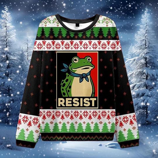 Discover Funny Frog Resist Christmas Sweater, Green Red Knit Holiday Sweatshirt with Frog Graphic, Quirky Winter Outfit Gift for Friends