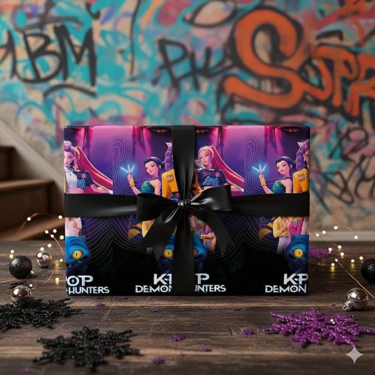 Huntrix Wrapping Paper, Kpop Demon Hunters Gift Wrap, Dark Neon Wrapping Sheets, Cyberpunk Holiday Gift Wrap, Futuristic Wrapping Paper