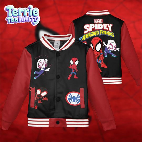 Spidey and His Amazing Friends Varsity Jacket, Kids Spiderman Baseball Jacket