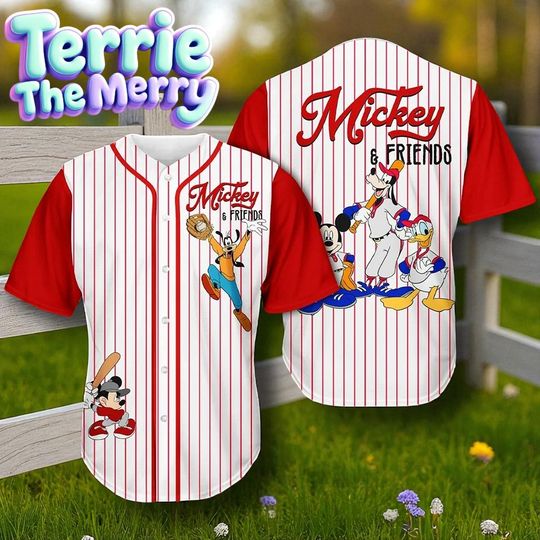 Discover Mickey and Friends Red Line Baseball Jersey, Disney Cartoon Team Play Shirt