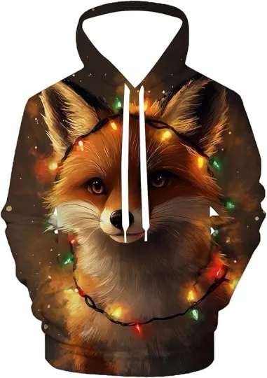 Discover 3D Fox Hoodie Cute Animal Print Christmas Lights Pullover Sweatshirt Unisex