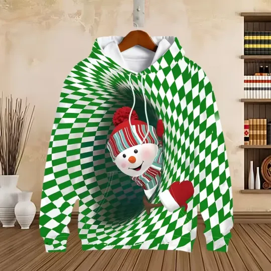 Discover Snowman Tunnel 3D Hoodie – Green Optical Illusion Christmas