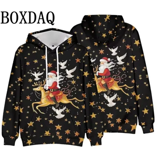 Discover Santa Riding Reindeer Hoodie Christmas Star Print Pullover Sweatshirt
