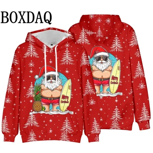 Discover Surfing Santa Graphic Hoodie Funny Holiday Pullover Sweatshirt