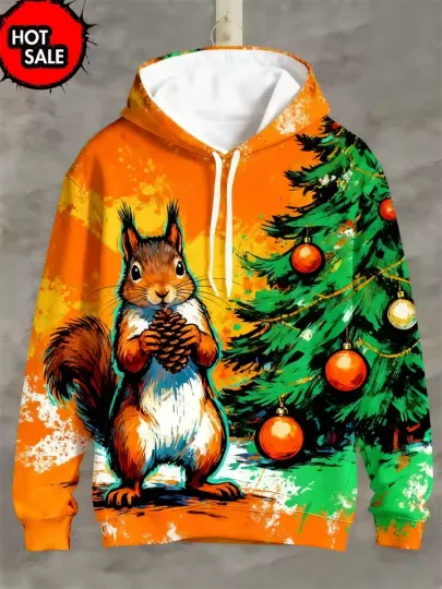 Discover Cartoon Squirrel Hoodie 3D Christmas Forest Print Pullover Holiday Casual Wear