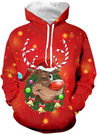 Discover Funny Reindeer Hoodie – 3D Candy Cane Horns Red Christmas Pullover Unisex