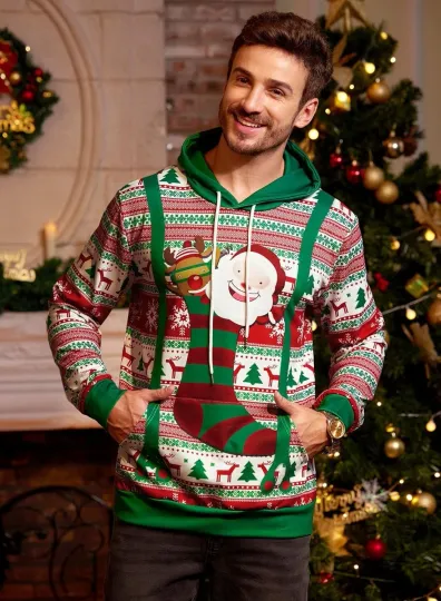 Holiday Knit Hoodie Red White Theme Patterned Hooded Casual Top