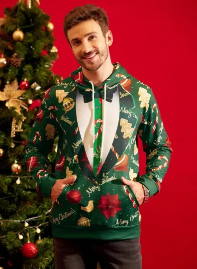 Discover Holiday Suit Print Hoodie Pullover Funny Festive Party Gift