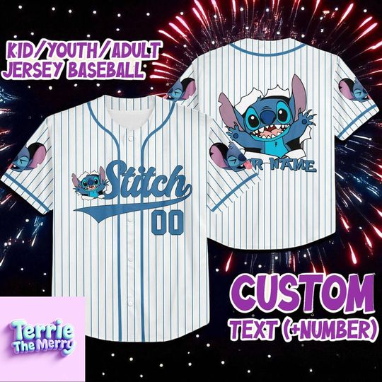 Discover White Blue Striped Baseball Jersey | Cute Cartoon Style Sports Top | Retro Team Outfit | Unisex Casual Jersey with Custom Number