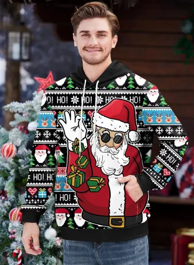 Discover Cool Santa Hoodie Retro Print Black Festive Hooded Sweatshirt