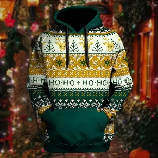 Discover Christmas Knitted Hoodie Green Yellow Reindeer Snowflake Holiday Pullover