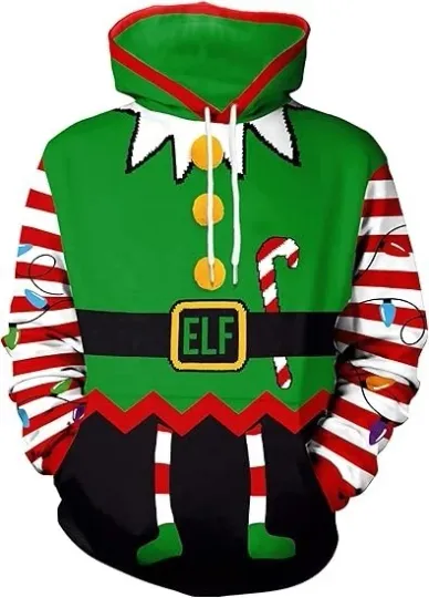 Discover Men’s 3D Elf Christmas Hoodie – Funny Holiday Pullover Hoodie Sweater Style