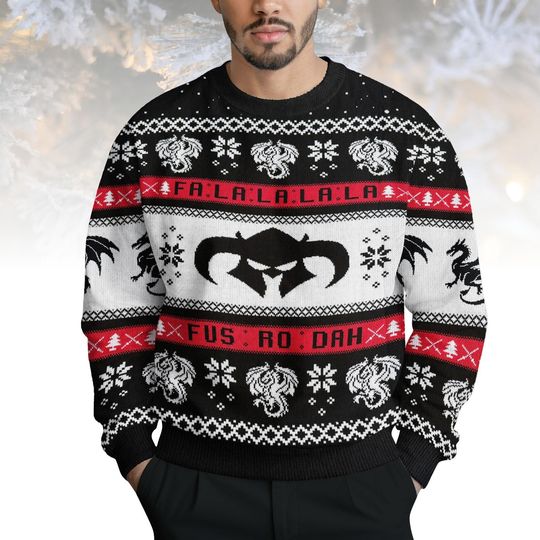 Discover Skyrim Ugly Christmas Sweater, Dragonborn Fus Ro Dah Sweater, Gamer Holiday Knit for Men Women, Funny Fantasy Xmas Gift Sweater