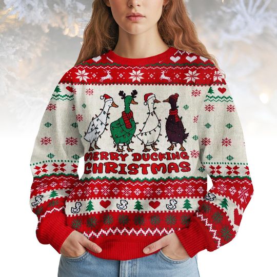 Discover Duck Ugly Christmas Sweater, Merry Ducking Christmas Sweater, Funny Animal Holiday Knit, Cute Farm Xmas Gift for Men Women