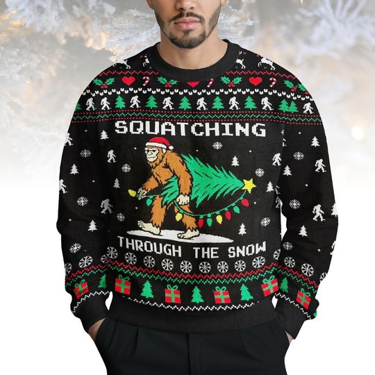 Bigfoot Ugly Christmas Sweater, Squatching Through The Snow Sweater, Funny Sasquatch Holiday Knit, Christmas Gift for Men Women