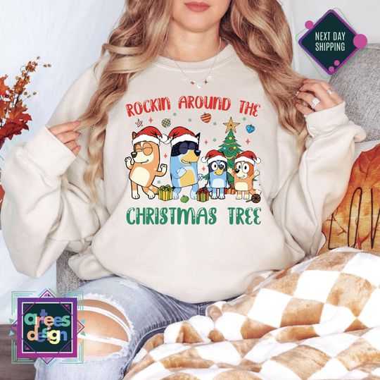 Discover Rockin Around The Christmas Tree Blue Dog Family Sweatshirts Family Matching Christmas Shirts Cute Cartoon Christmas Shirts Merry Christmas