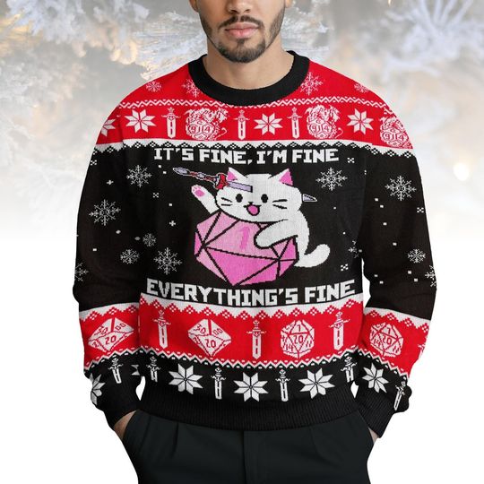 DnD Cat Ugly Christmas Sweater, Its Fine Im Fine Everythings Fine Sweater, Funny RPG Gamer Knit, Christmas Gift for Men Women