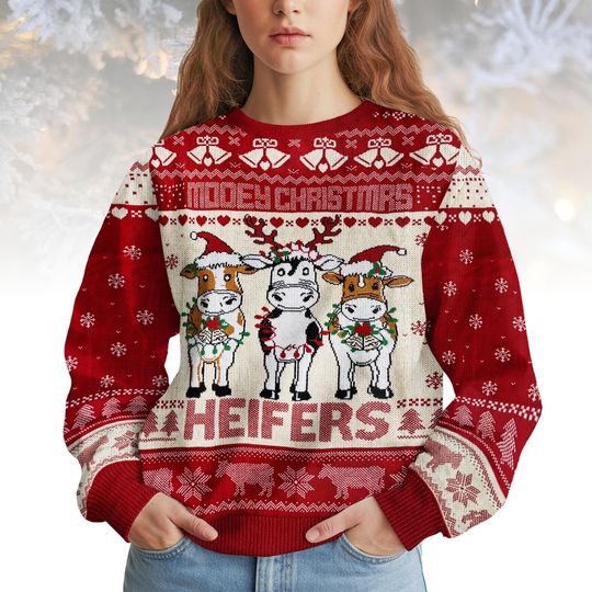 Mooey Christmas Ugly Sweater, Funny Cow Heifers Holiday Sweater, Farm Animal Knit, Christmas Gift for Men Women, Cute Farmer Xmas Sweat