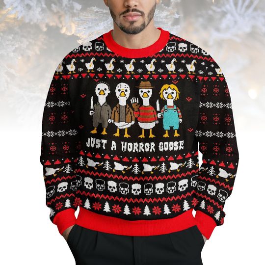 Discover Horror Goose Ugly Christmas Sweater, Funny Scary Duck Sweater, Halloween Christmas Mashup Knit, Holiday Gift for Men Women