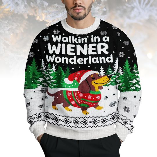 Dachshund Dog Ugly Christmas Sweater, Walkin In A Wiener Wonderland Sweater, Funny Dog Xmas Sweater, Christmas Gift For Pet Lovers