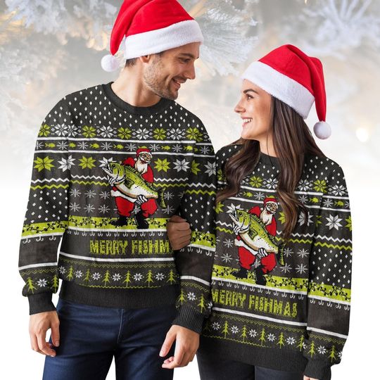 Merry Fishmas Ugly Christmas Sweater, Funny Fishing Santa Sweater, Fisherman Holiday Knit, Christmas Gift for Men Women, Xmas Sweater