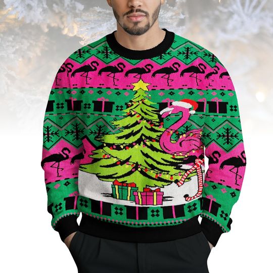 Flamingo Ugly Christmas Sweater, Tropical Christmas Tree Sweater, Funny Holiday Knit, Bright Xmas Gift for Men Women, Beach Party Sweat