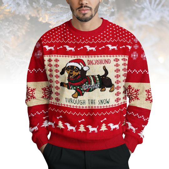 Dachshund Ugly Christmas Sweater, Wiener Dog Through The Snow Sweater, Funny Holiday Knit for Dog Lovers, Christmas Gift for Men Women