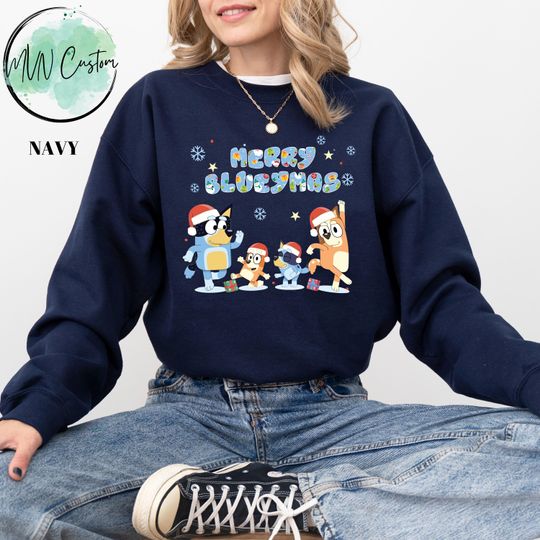 Discover Merry Blueymas Family Christmas Shirt, Christmas Family Sweatshirt, Christmas Disney Blue Dog Shirt, BlueyDad Christmas Cartoon Puppy Shirt
