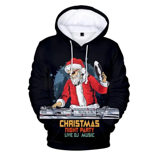 Discover 3D DJ Santa Hoodie Christmas Night Party Music Unisex Funny Holiday Sweatshirt