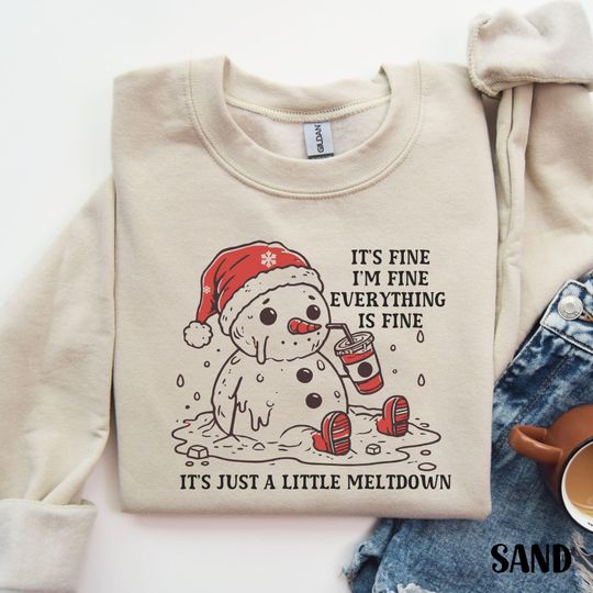 Discover Funny Christmas Mental Health Sweatshirt, Its Fine Snowman Meltdown Shirt, Vintage Holiday Party Crewneck Sweater, Winter Sarcastic Shirt