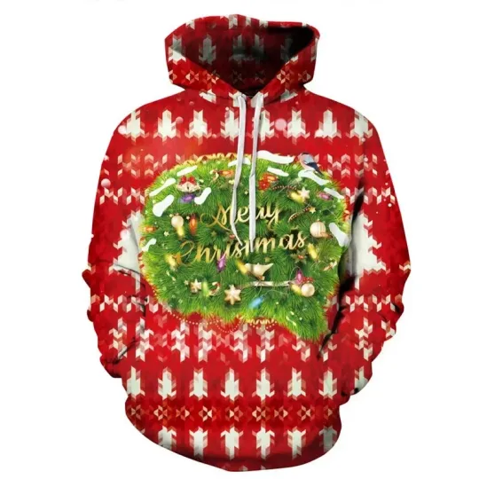 Merry Christmas Wreath Pattern Hoodie Festive Red Holiday Pullover