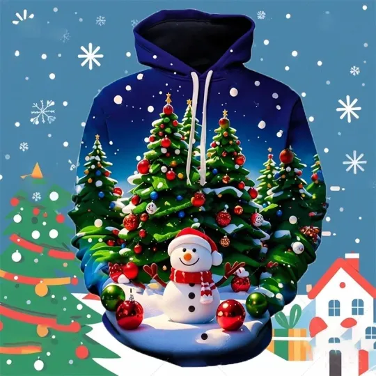 Discover Christmas Snowman Tree 3D Print Hoodie Pullover Sweatshirt Unisex Holiday Wear