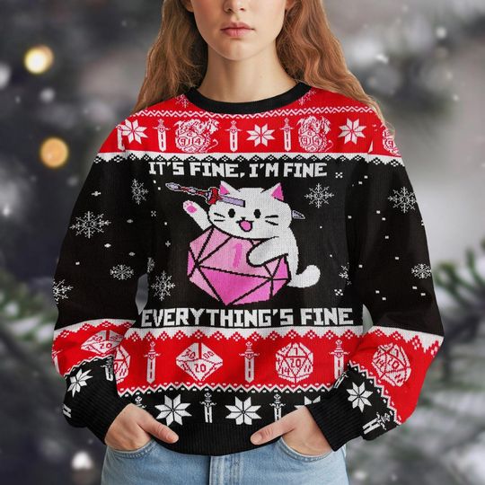 Cat DnD Christmas Knit Sweater, Funny Cat Holiday Sweater, Merry Christmas Shirt,  Dungeons And Dragons Sweater Women Men For Xmas