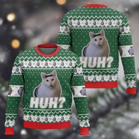 Discover Huh Cat Meme Christmas Ugly Sweater, Funny Cat Xmas Sweatshirt, Merry Catmas Sweater, Cute Pet Sweater For Men Women, Xmas Gifts Idea