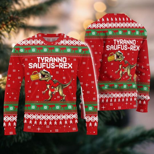 Discover Tyrannosaurus Christmas Ugly Sweater, Tyrannosaufus Rex Xmas Sweater, Santa T-rex Drinking Beer Ugly Sweatshirt, Xmas Dinosaur Love Gif