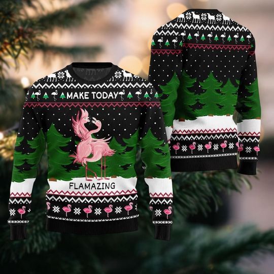Discover Flamingo Couple Christmas Ugly Sweater, Pink Bird Holiday Sweater, Make Today Flamazing Sweatshirt, Animals Xmas Sweater For Men Women