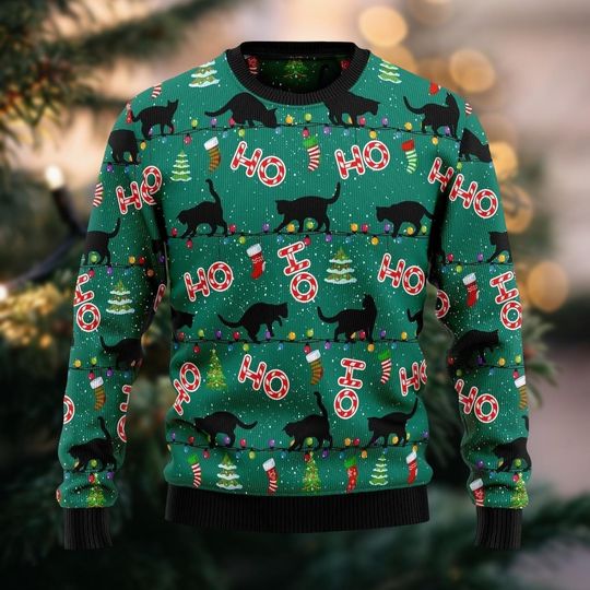 Black Cat Ugly Christmas Sweater, Ho Ho Ho Cat Xmas Sweater For Women Men, Animals Christmas Jumper, Xmas Holiday Gift For Cat Lovers